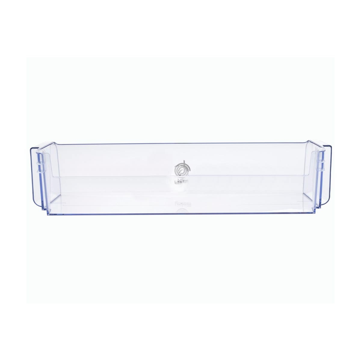 Estante de refrigerador de plástico transparente, rectangular con esquinas redondeadas. Tiene dos lados verticales y un logotipo en el medio.