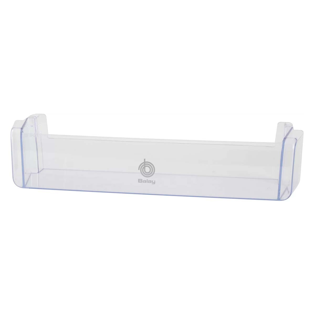 Un estante rectangular transparente para refrigerador. Tiene un logotipo que dice 'Balay'.