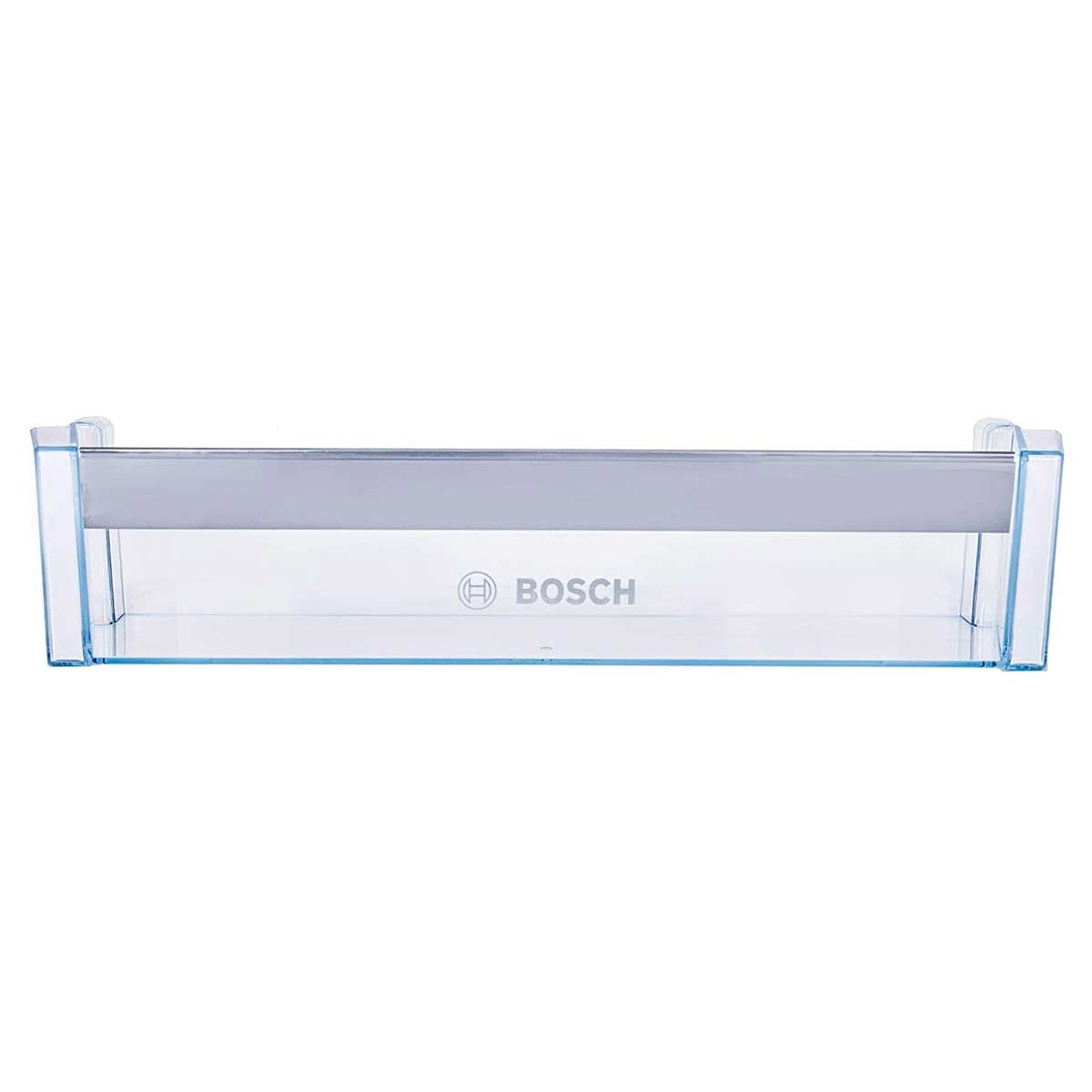 Estante rectangular transparente de refrigerador con barra plateada y el logo de Bosch. Tiene acentos azul claro.