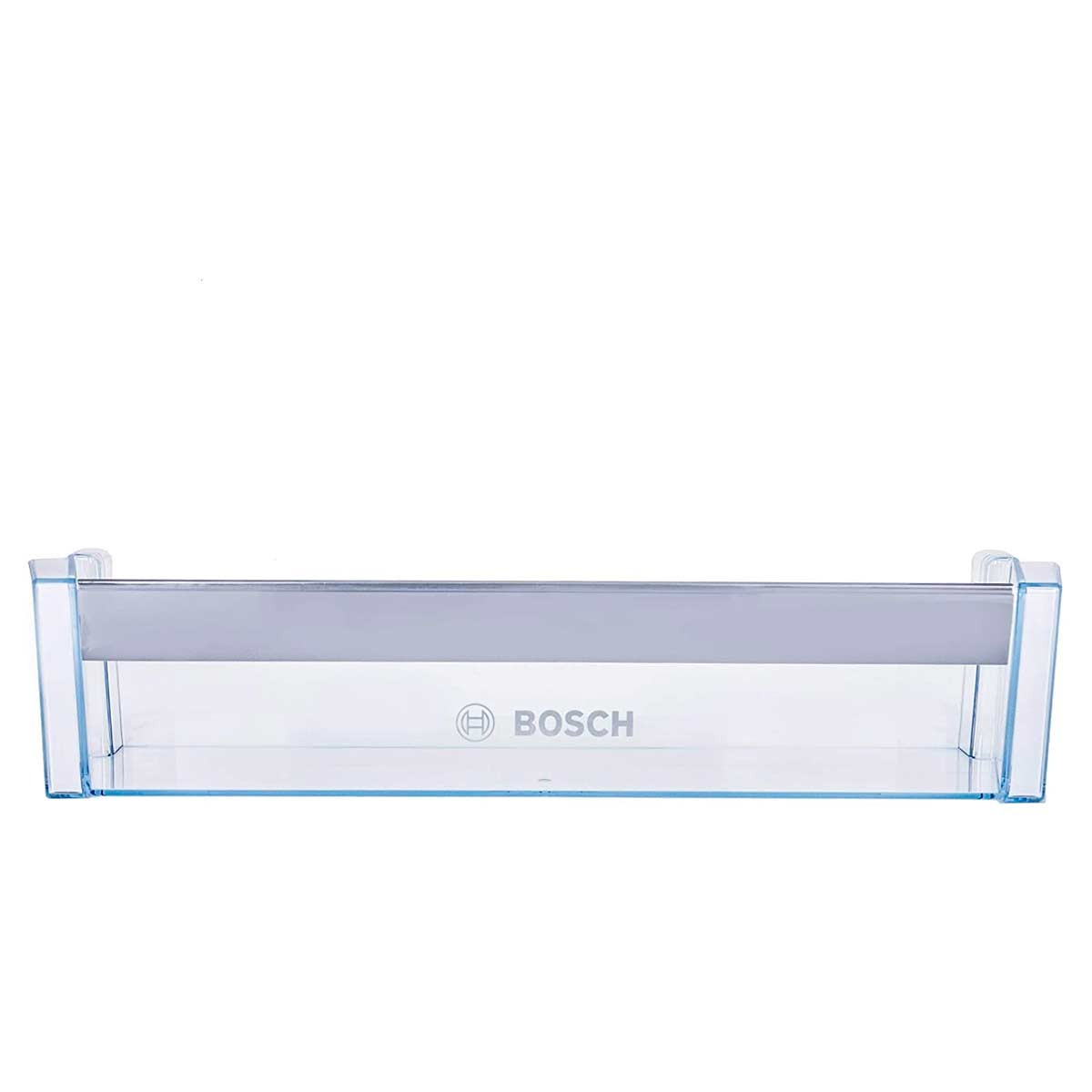 Un estante transparente para refrigerador con el logotipo de Bosch. Es rectangular con asa y borde gris claro.
