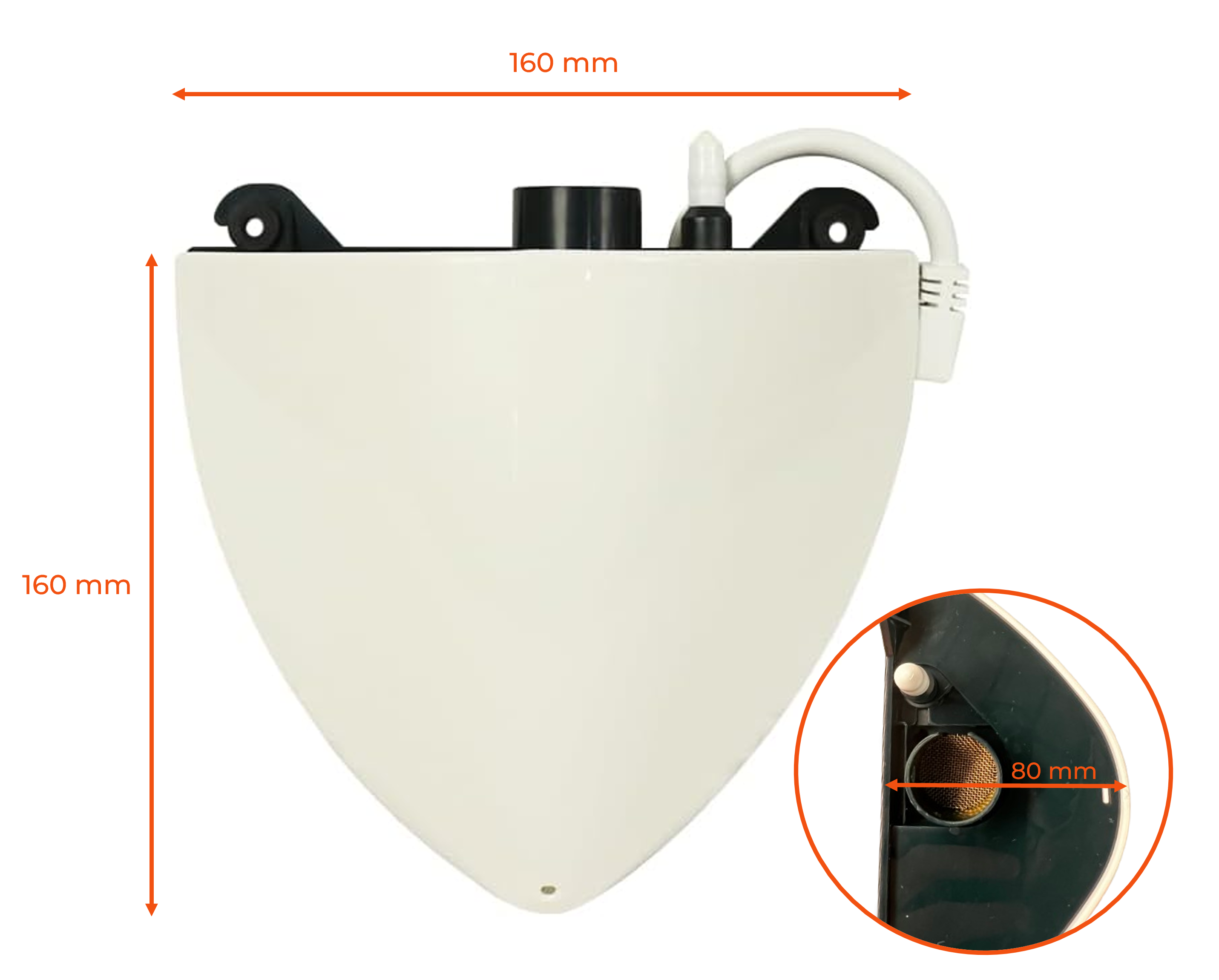 Un objeto blanco en forma de lágrima con soportes negros y una incrustación circular, que muestra las dimensiones. También es visible un tubo blanco.