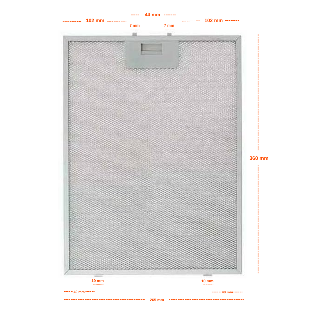Un filtro de malla metálica rectangular con dimensiones etiquetadas. Tiene un marco rectangular y un pequeño asa en la parte superior.