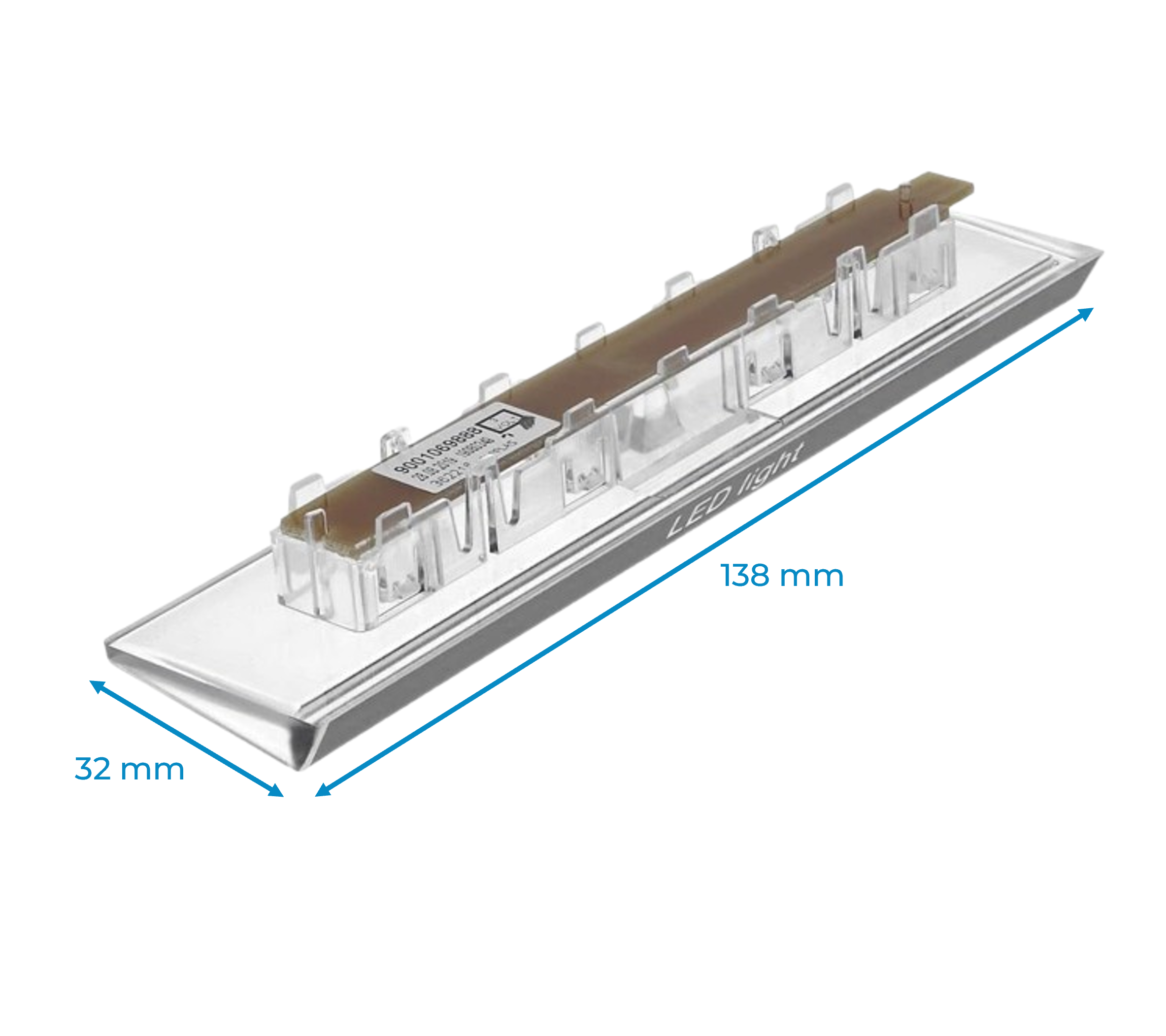Conjunto de luz LED con dimensiones marcadas. Tiene una placa de circuito marrón y componentes de plástico transparente.