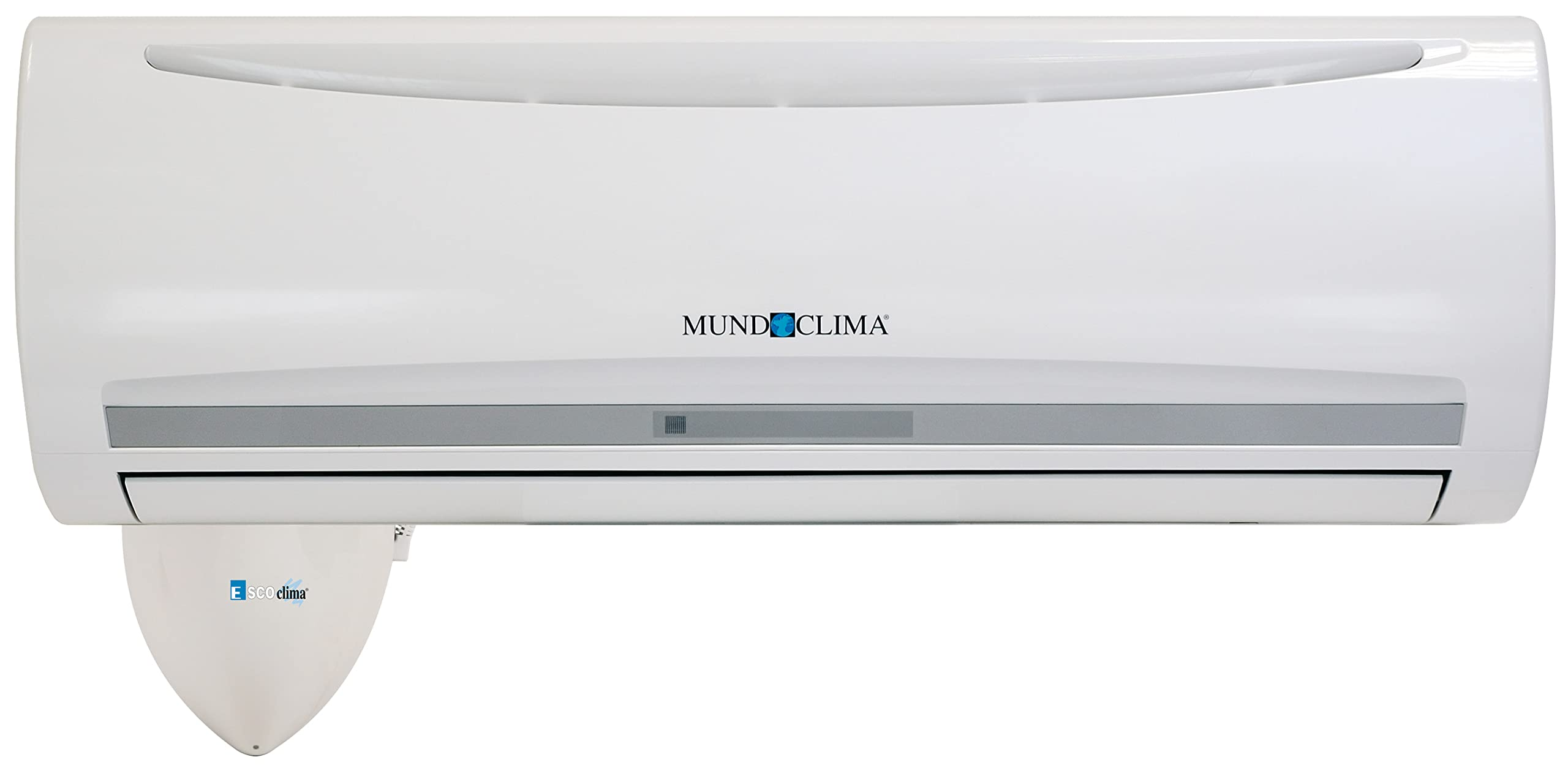 Aire acondicionado blanco con detalles grises, visible el logo 'MUND CLIMA'. Una pieza blanca más pequeña con el logo 'E. Safe Clima' adjunta.