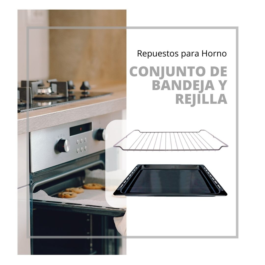 Horno abierto con galletas dentro. Arriba, una bandeja y una rejilla. Texto: 'Conjunto de bandeja y rejilla'.