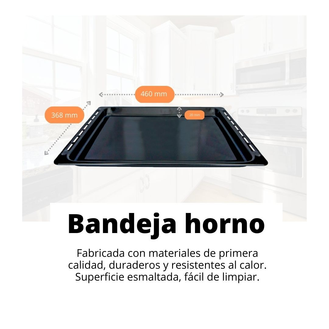 Una bandeja de horno negra con dimensiones. El texto dice 'Bandeja horno' y la describe como hecha con materiales duraderos.