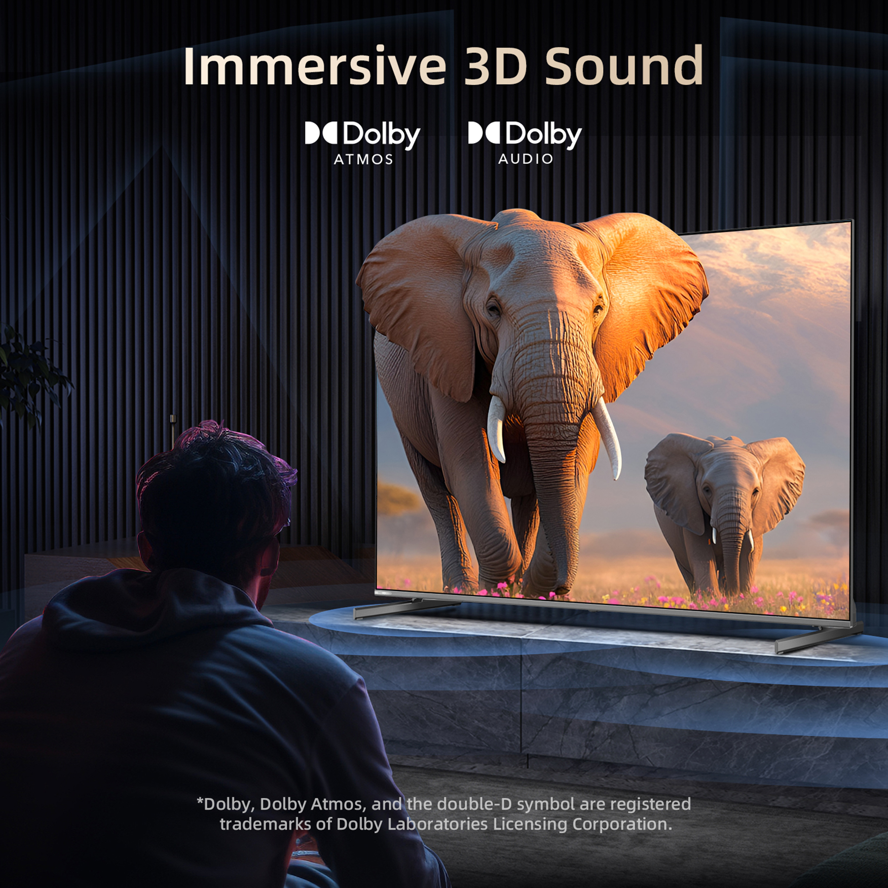 Eine Person sieht fern, auf dem Elefanten in der Natur gezeigt werden. Dolby Atmos und Audio Logos sind sichtbar. Es wirbt für immersiven Klang.