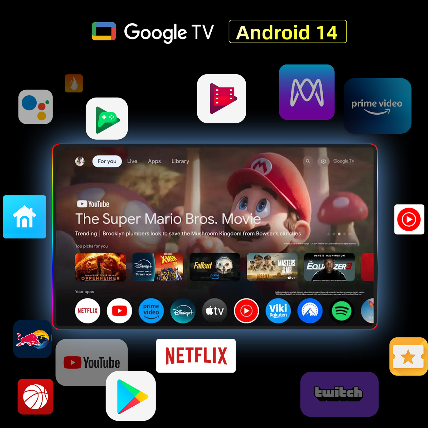 Google TV-Oberfläche mit App-Symbolen und einer Vorschau des Super Mario Bros. Films. Android 14 ist sichtbar.