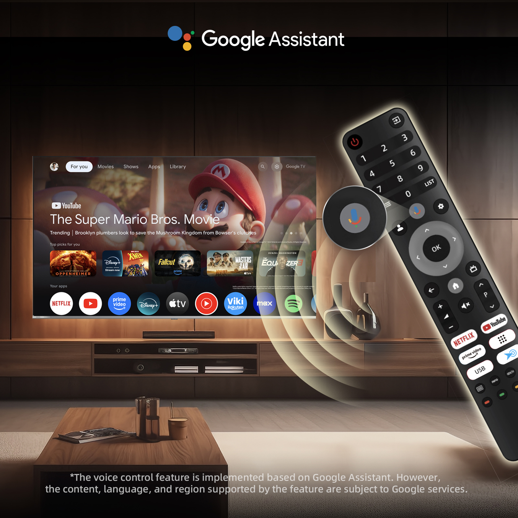 Una pantalla de TV muestra la película de Mario Bros, con un mando a distancia en la mano. Se ven apps como Netflix.