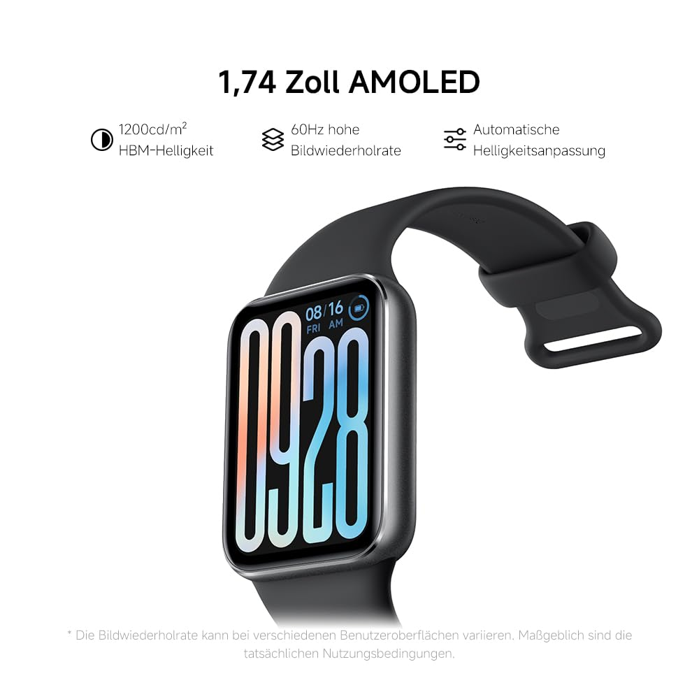 Eine schwarze Smartwatch zeigt die Uhrzeit 09:28 an. Text enthält '1,74 Zoll AMOLED' und '60Hz hohe Bildwiederholrate'.
