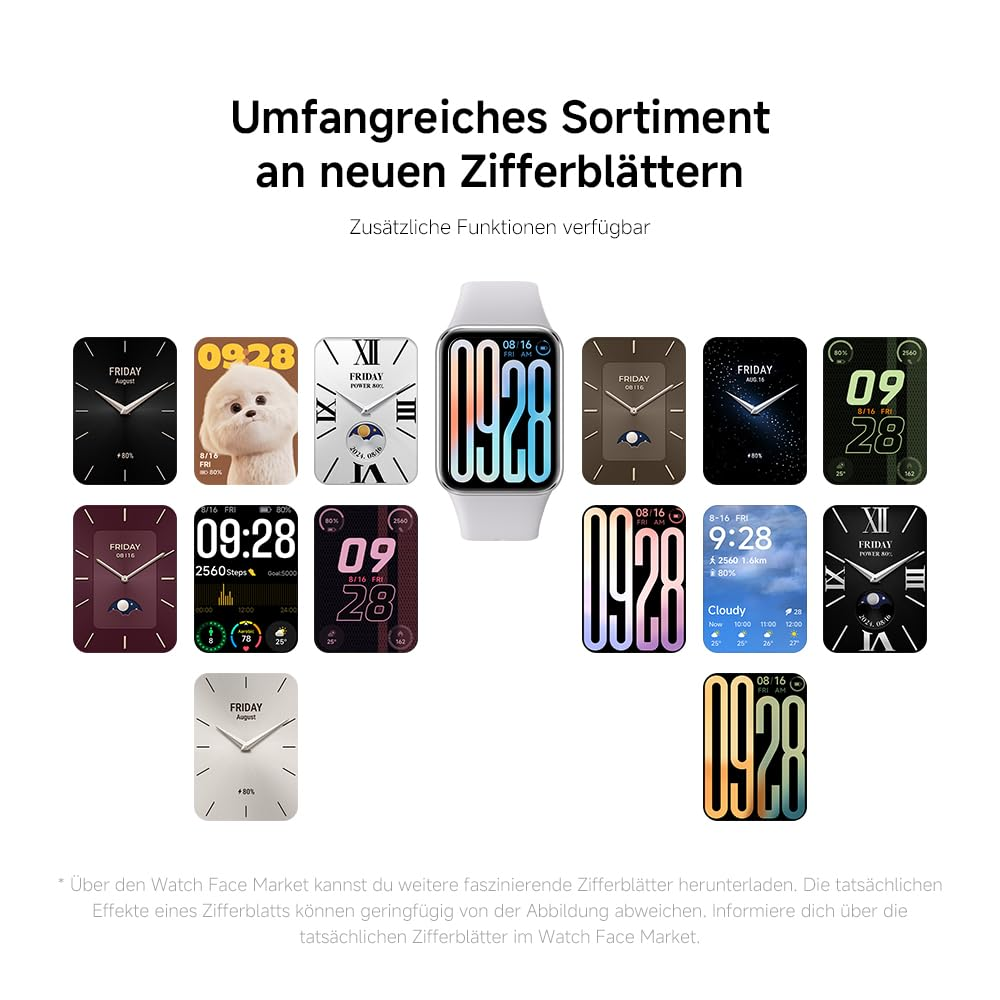 Eine weiße Smartwatch mit mehreren Zifferblattdesigns, darunter digitale und analoge Stile, und Text auf Deutsch.