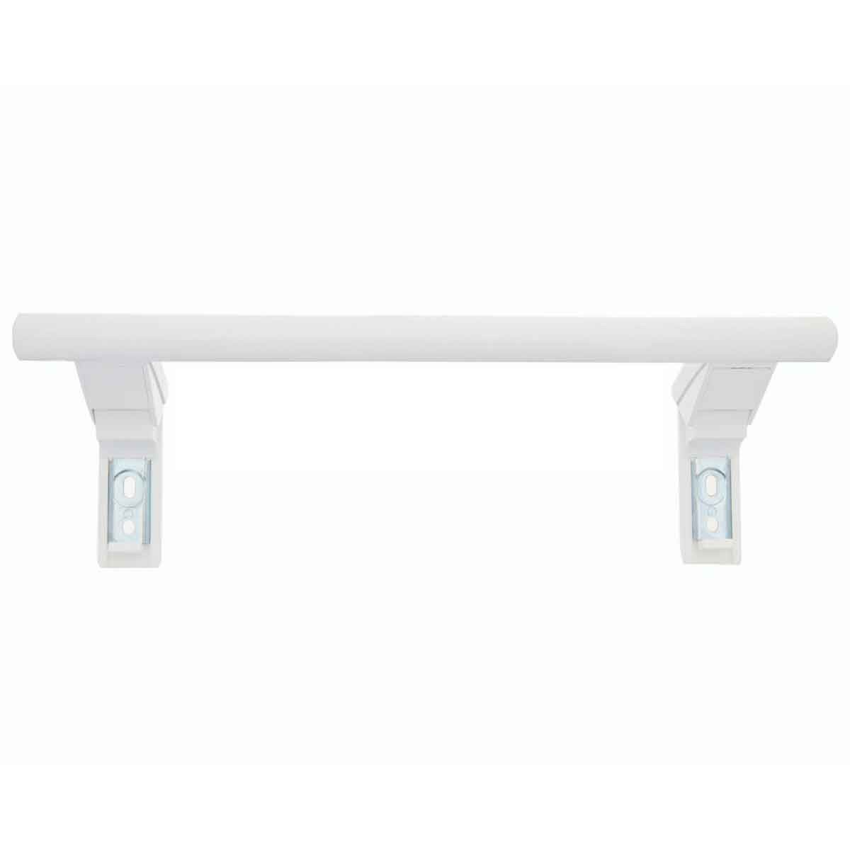 Una barra de cortina blanca, montada con dos soportes. La barra es horizontal, con soportes en cada extremo, sobre un fondo blanco.
