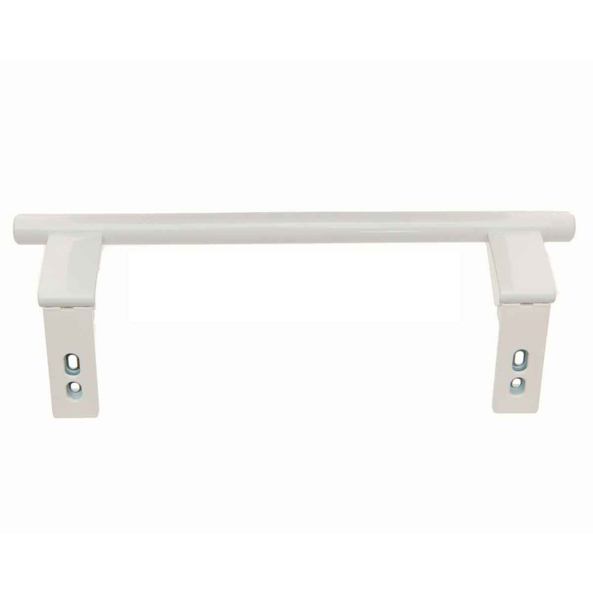 Un mango blanco y horizontal con dos soportes. Cada soporte tiene dos agujeros. El fondo es blanco.