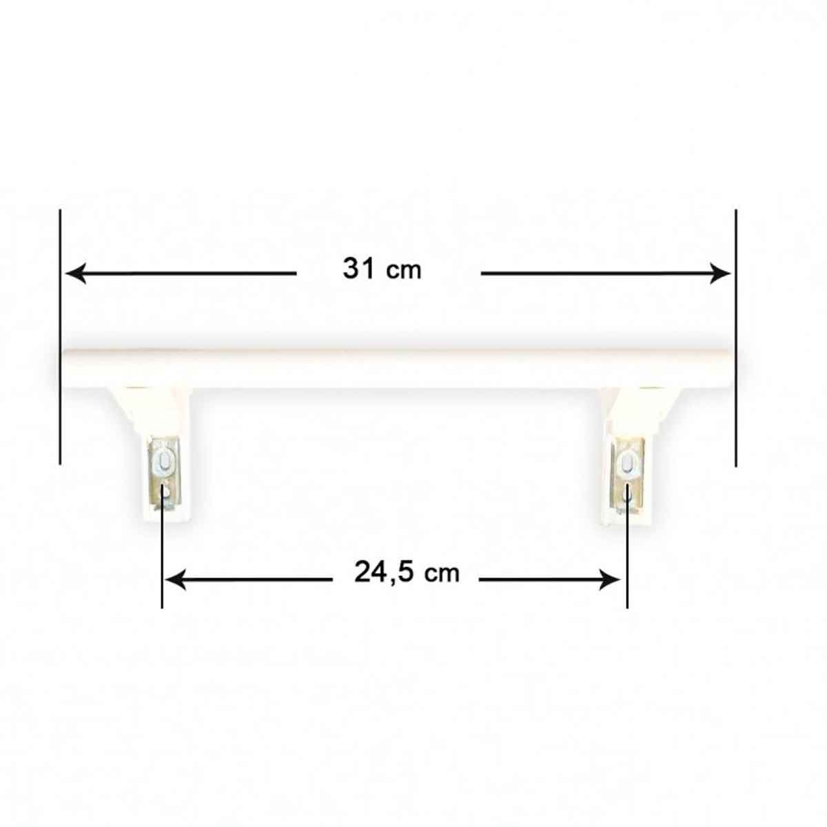 Un riel blanco con dos soportes, y dimensiones etiquetadas: 31 cm de ancho y 24,5 cm de distancia entre los soportes.