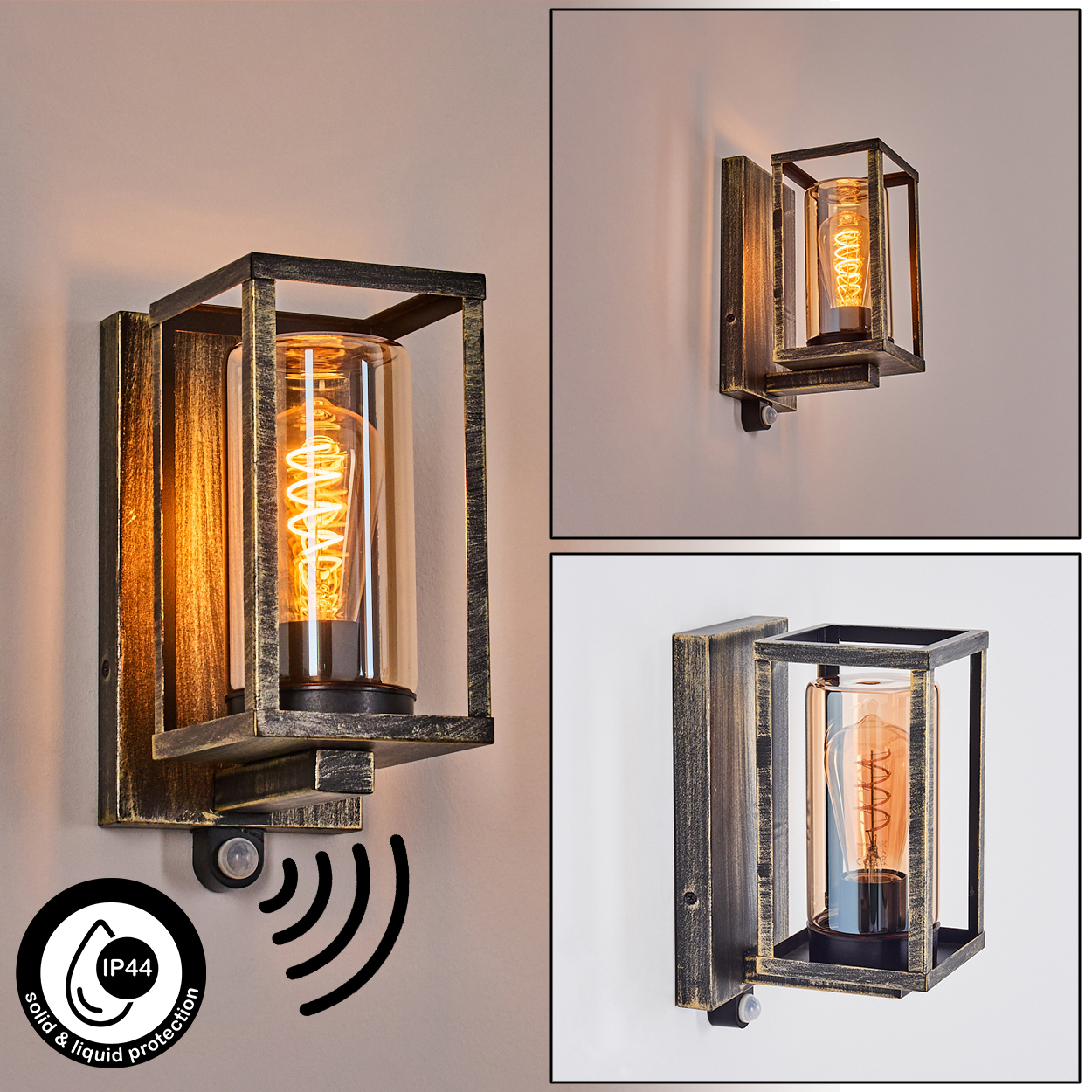 Wandleuchte im Vintage-Design. Sie hat einen rechteckigen Rahmen mit einem Glasrohr, das eine Wendel-Glühbirne enthält. IP44-Schutz.