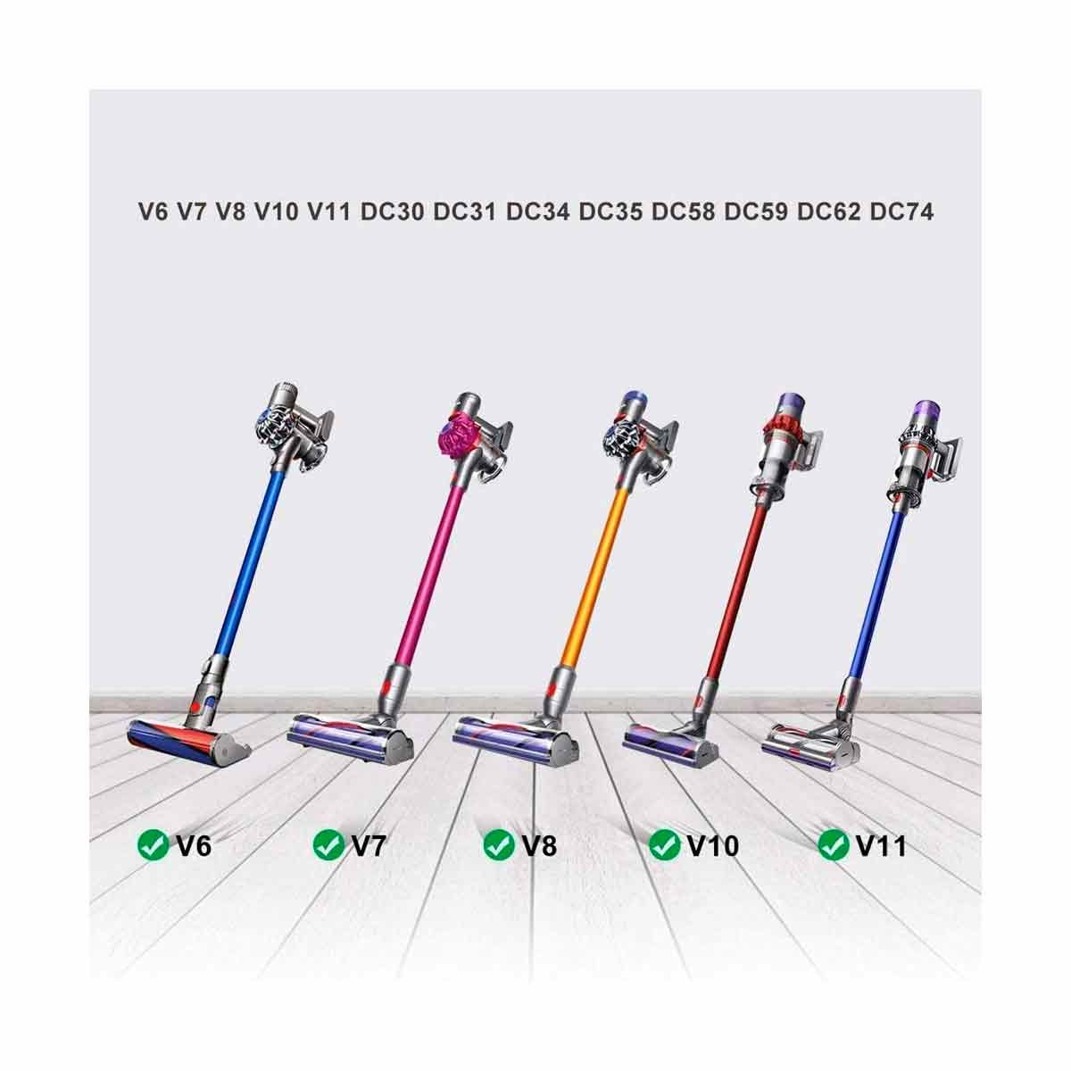 Cinco aspiradoras de varilla Dyson en fila, cada una con diferente combinación de colores. Modelos V6, V7, V8, V10 y V11 están etiquetados.