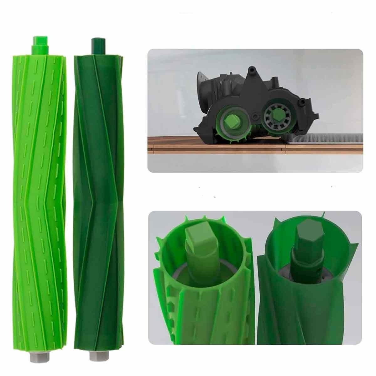 La imagen muestra piezas verdes y verde oscuro de aspiradora. Incluye cepillos, un conjunto motor y componentes internos.