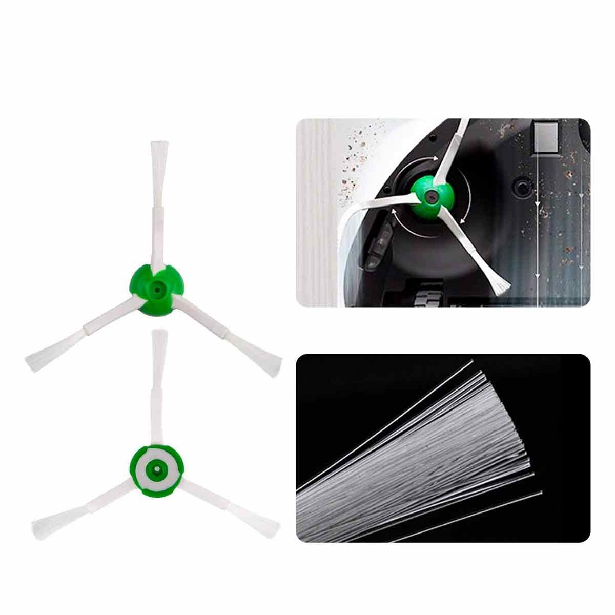 La imagen muestra partes de una aspiradora robótica: cepillos giratorios, una pieza central verde y cerdas. También un primer plano de las cerdas.