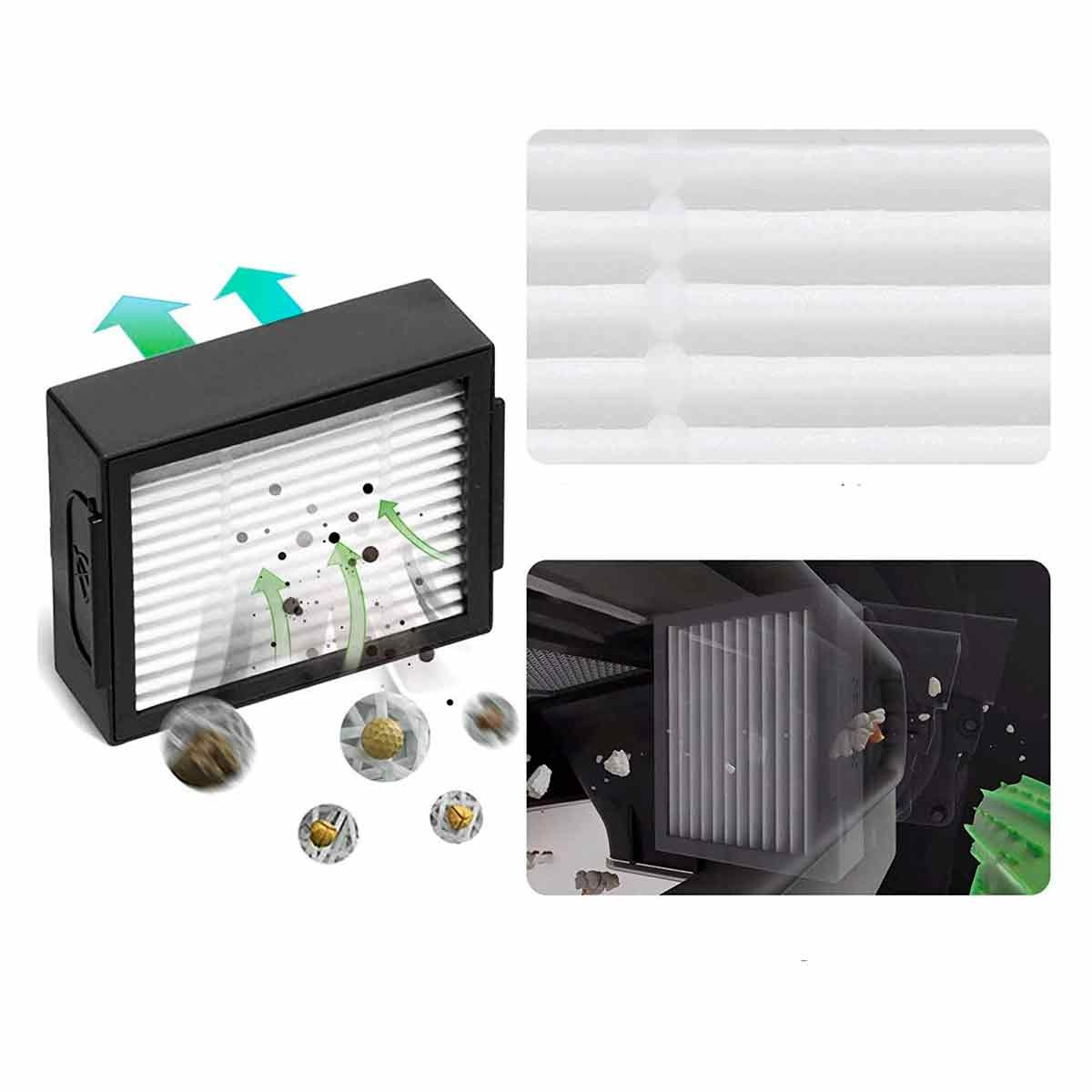 Un filtro de aire con flechas que indican el flujo de aire, partículas y primeros planos del interior y exterior del filtro.