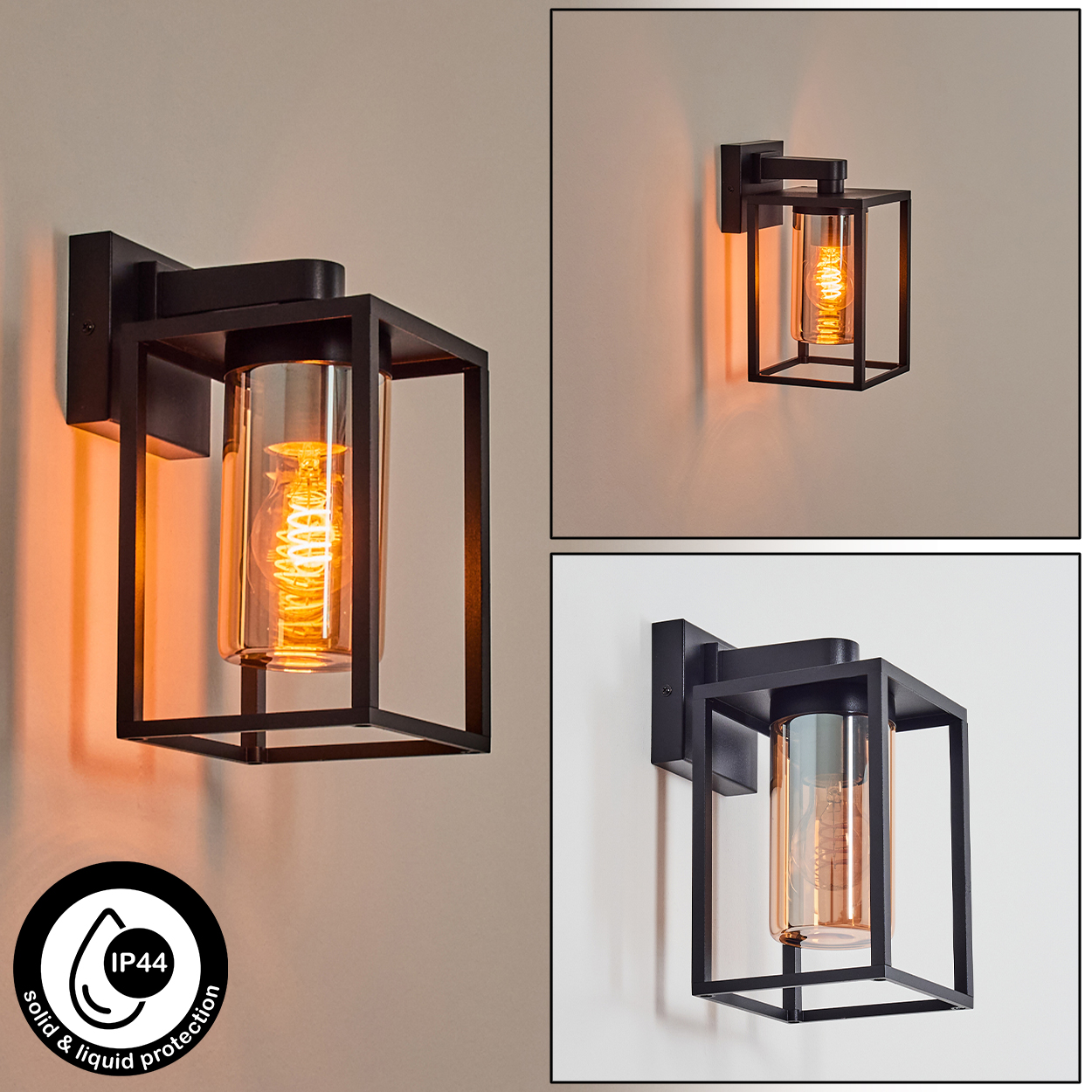 Schwarze Wandlampe mit einem Glasrohr und einer leuchtenden Glühbirne in einem quadratischen Rahmen an der Wand.