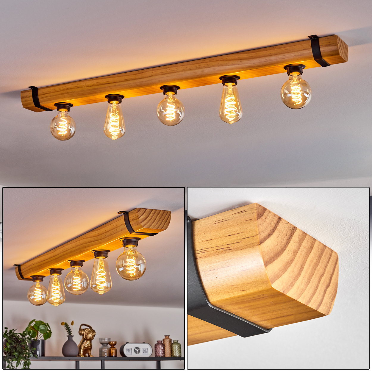 Deckenleuchte mit Holzträger und fünf dekorativen Glühbirnen. Schwarze Metallhalterungen. Weiße Decke. Regal mit Dekor unten.