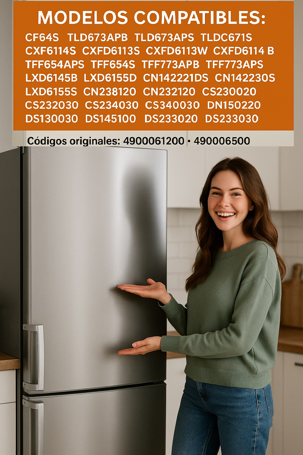 Una mujer señala un refrigerador de acero inoxidable. Un listado de modelos compatibles está en el fondo.