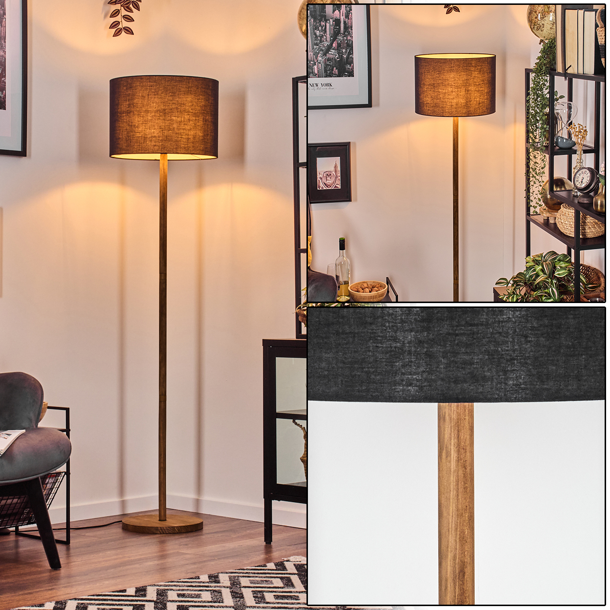 Eine Stehlampe mit dunklem Lampenschirm steht in einem Raum. Die Lampe ist aus Holz und hat einen runden Sockel. Der Raum ist dekoriert.