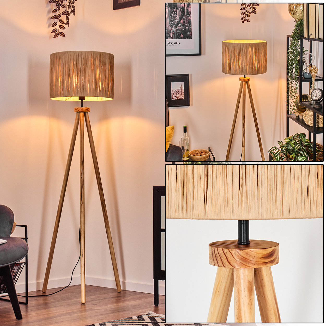 Eine hölzerne Stativ-Stehlampe mit beigem Lampenschirm steht in einem Raum und wirft einen warmen Schein. Weitere Dekorationsgegenstände sind sichtbar.