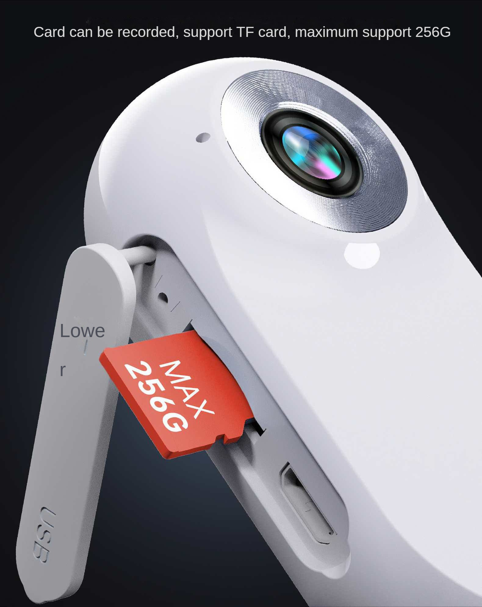 Eine weiße Kamera mit einer roten Speicherkarte mit der Aufschrift 256G. Die Kamera hat ein Objektiv und einen USB-Anschluss.