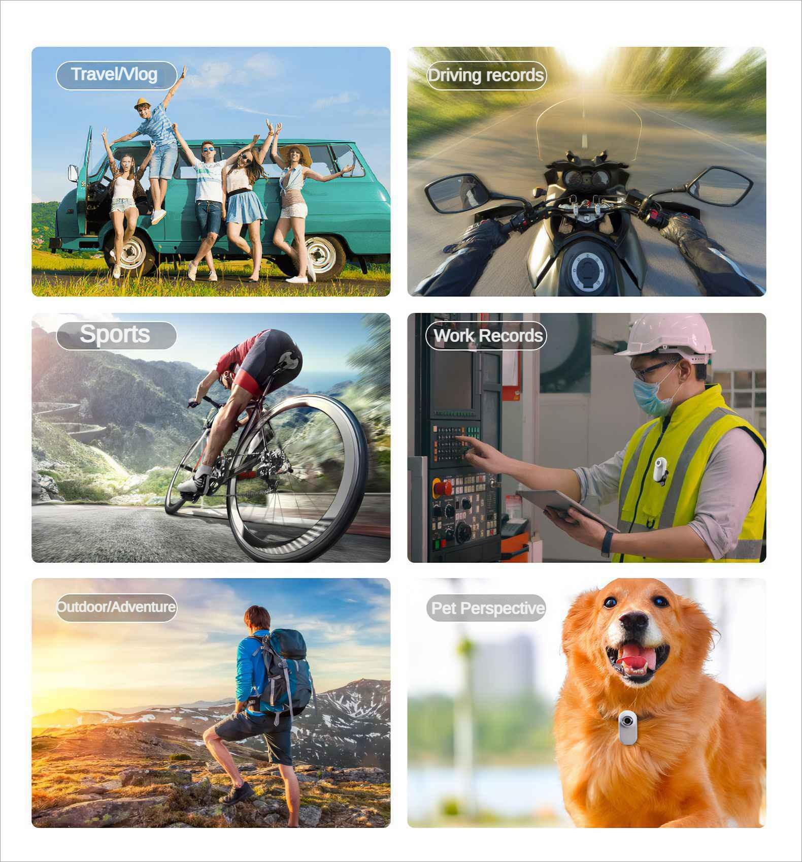 Sechs Bilder, die Reisen, Autofahren, Sport, Arbeit, Outdoor-Abenteuer und Haustierperspektiven mit zentralen Themen zeigen.