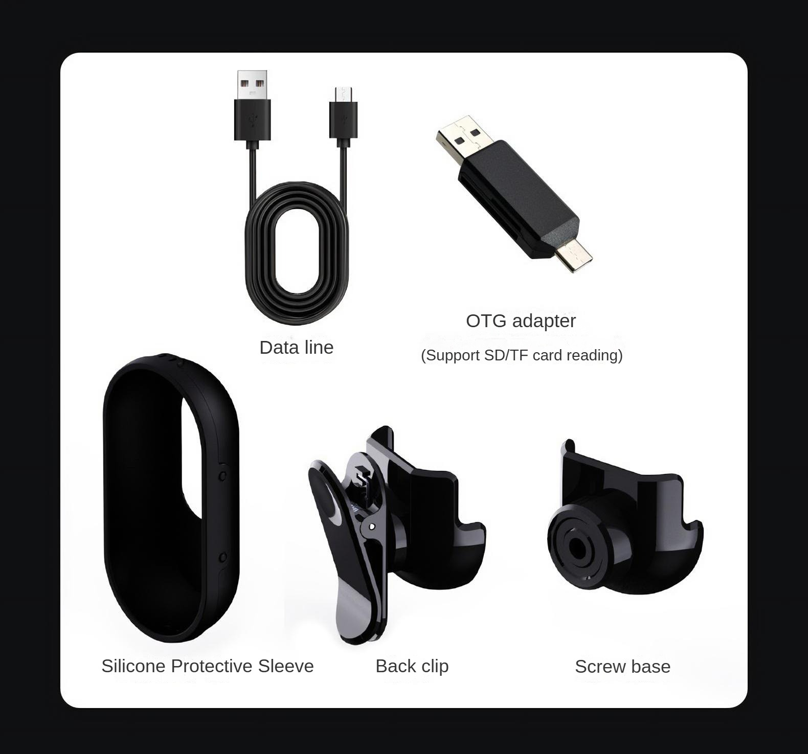 Das Bild zeigt ein Datenkabel, einen OTG-Adapter, eine Silikonhülle, einen Rückclip und eine Schraubbasis, alle schwarz, auf weißem Hintergrund.
