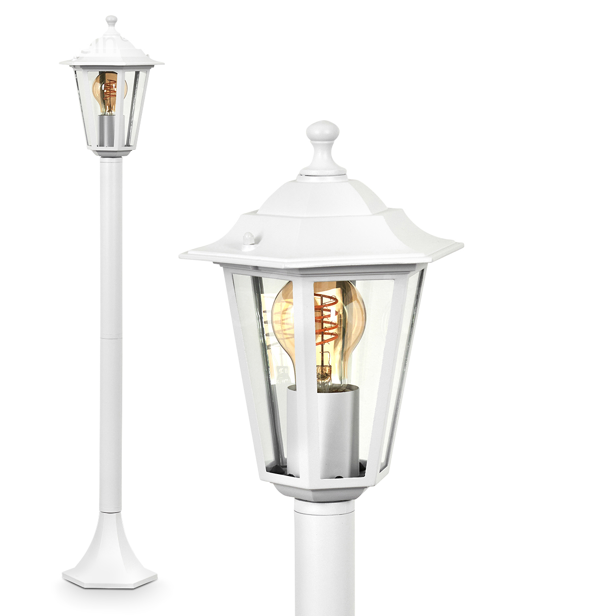 Eine weiße Außenlampe mit Glasgehäuse. Die Lampe hat eine dekorative Oberseite und eine sichtbare Glühbirne. Der Hintergrund ist weiß.