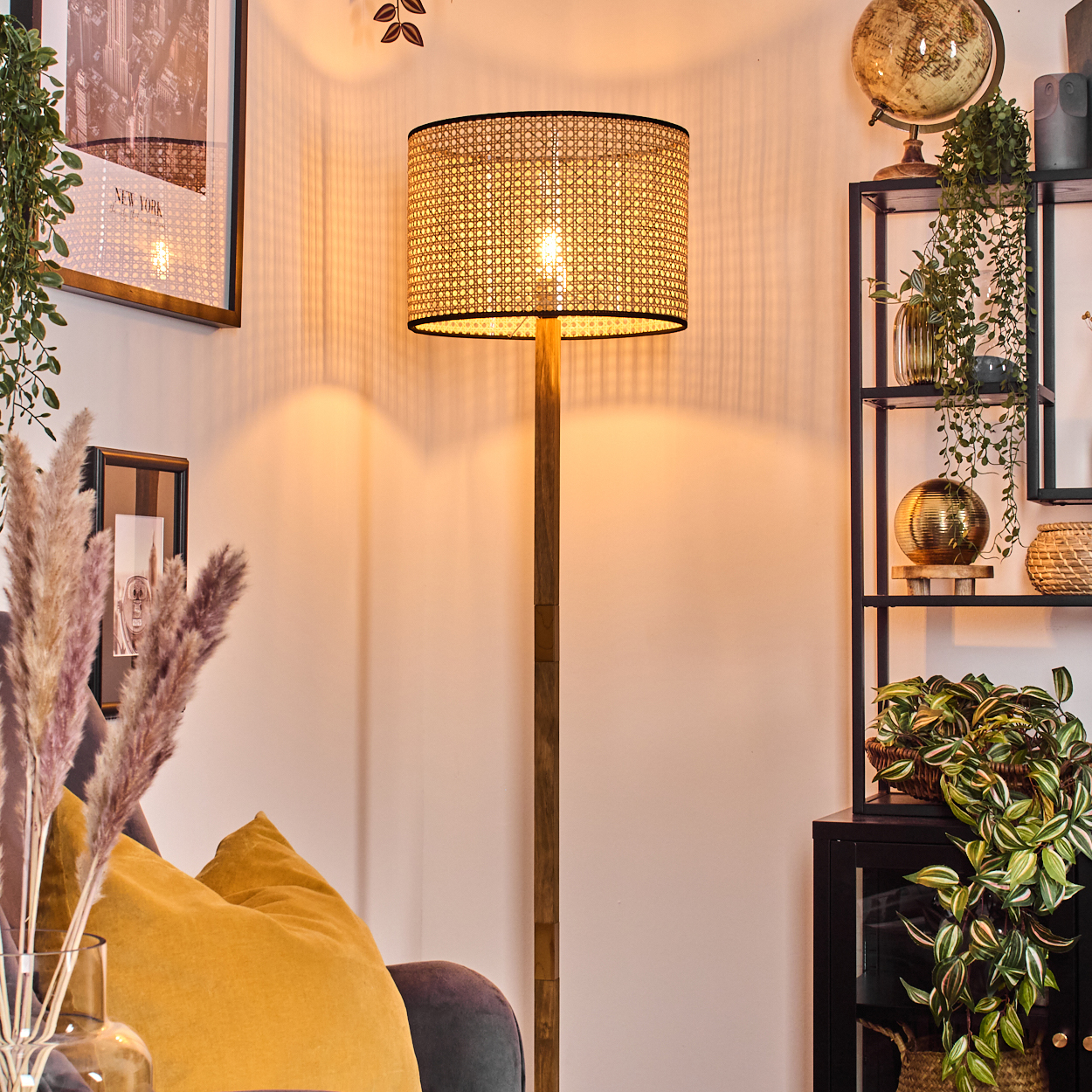 Ein Raum mit Lampe, Pflanzen und Regal. Lampe hat einen Korbschatten. Pflanzen sind auf einem Regal und in Vasen. Ein Globus steht auf dem Regal.