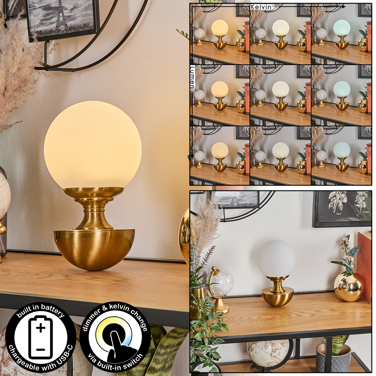 Eine goldene Lampe mit weißer Kugel steht auf einem Holzregal. Zusätzliche Lampen mit unterschiedlichen Lichteinstellungen werden gezeigt. Symbole zeigen Funktionen.