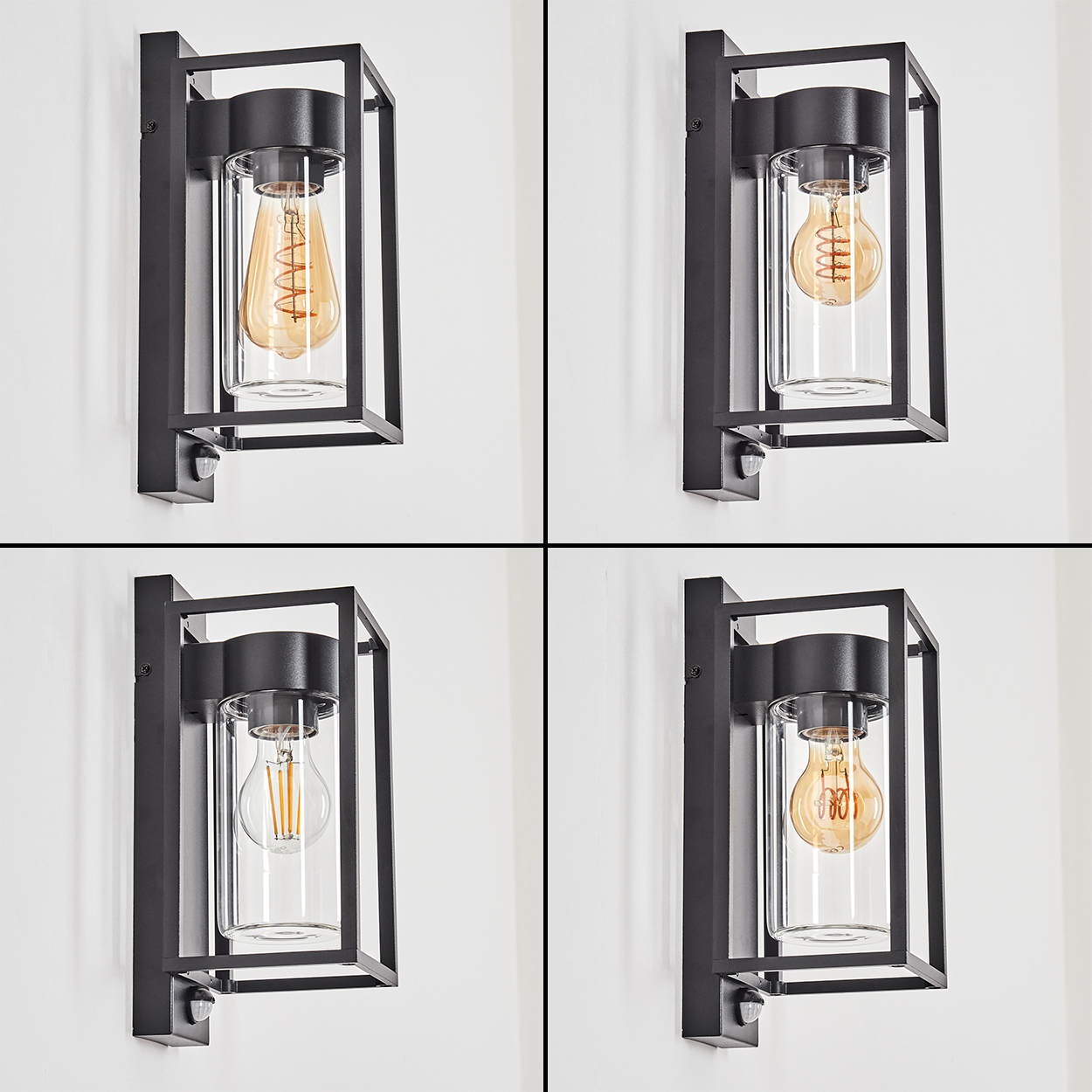 Vier schwarze Wandlampen mit Glaskörpern und unterschiedlichen Glühbirnen an einer weißen Wand.