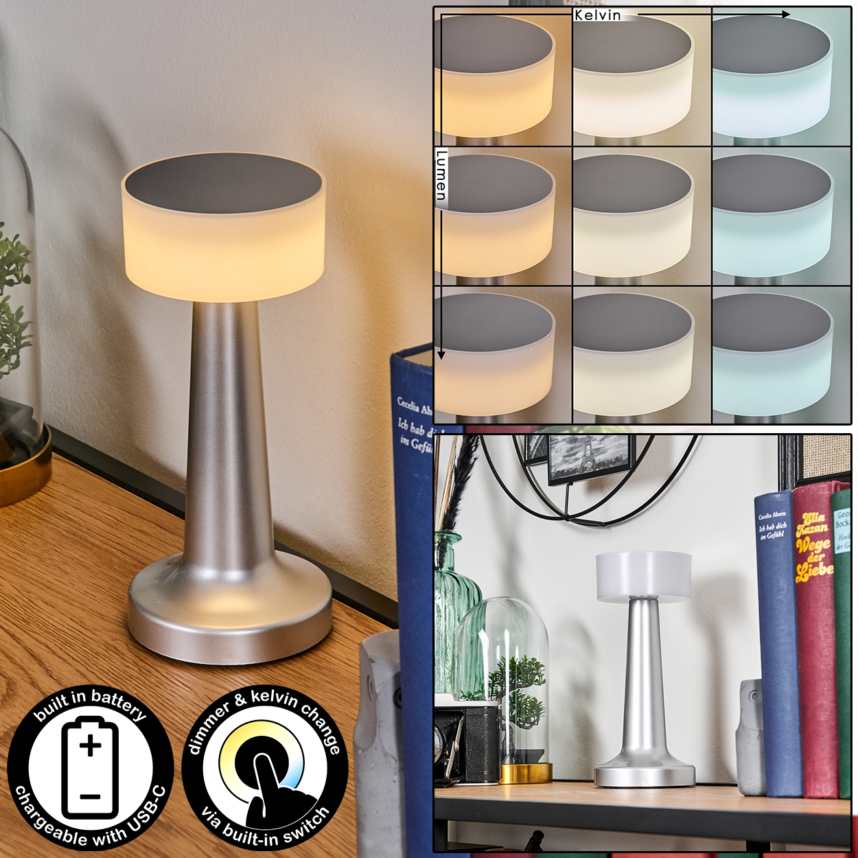 Eine silberne Nachttischlampe mit weißem Schirm, ein schwarzer Tisch und Bücher im Hintergrund. Sie hat Dimmer und Kelvin-Änderung.
