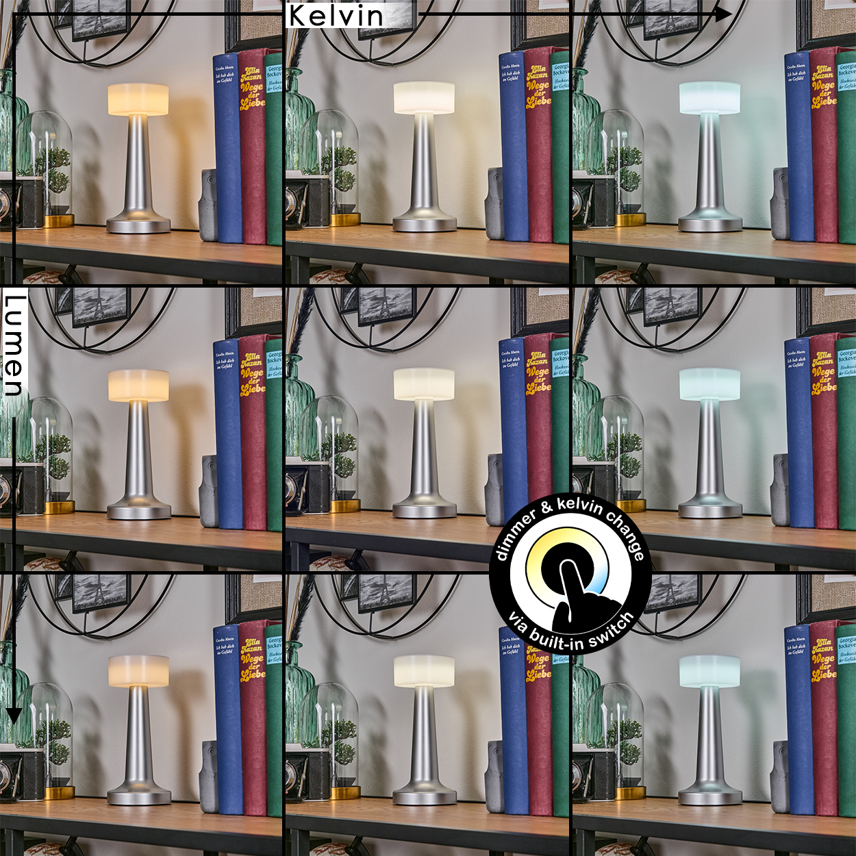 Eine Lampe mit einstellbarer Farbtemperatur und Helligkeit. Bücher, Glasflaschen und Dekorationsartikel im Hintergrund.
