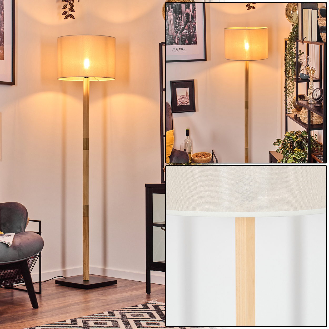 Eine beleuchtete Stehlampe mit beigem Lampenschirm steht in einem Raum. Ein schwarzer Stuhl und ein gemusterter Teppich sind im Vordergrund.