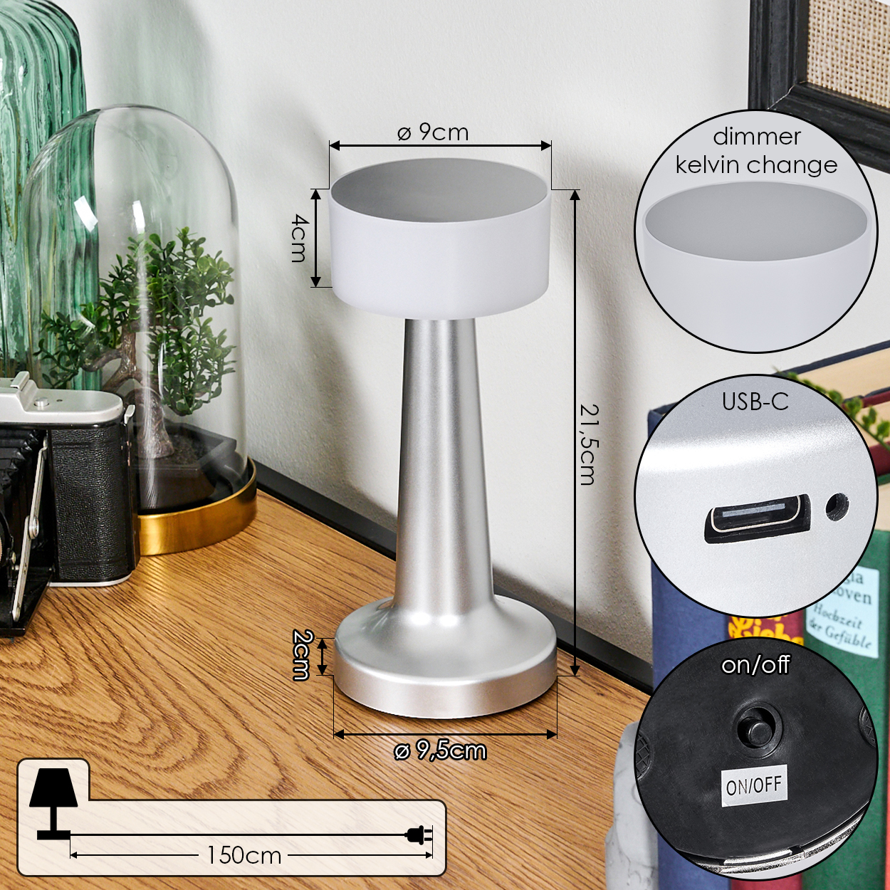 Eine silberne LED-Lampe mit Messungen. Enthält einen USB-C-Anschluss, einen Ein-/Ausschalter und eine Dimmoption. Steht auf einem Holztisch.