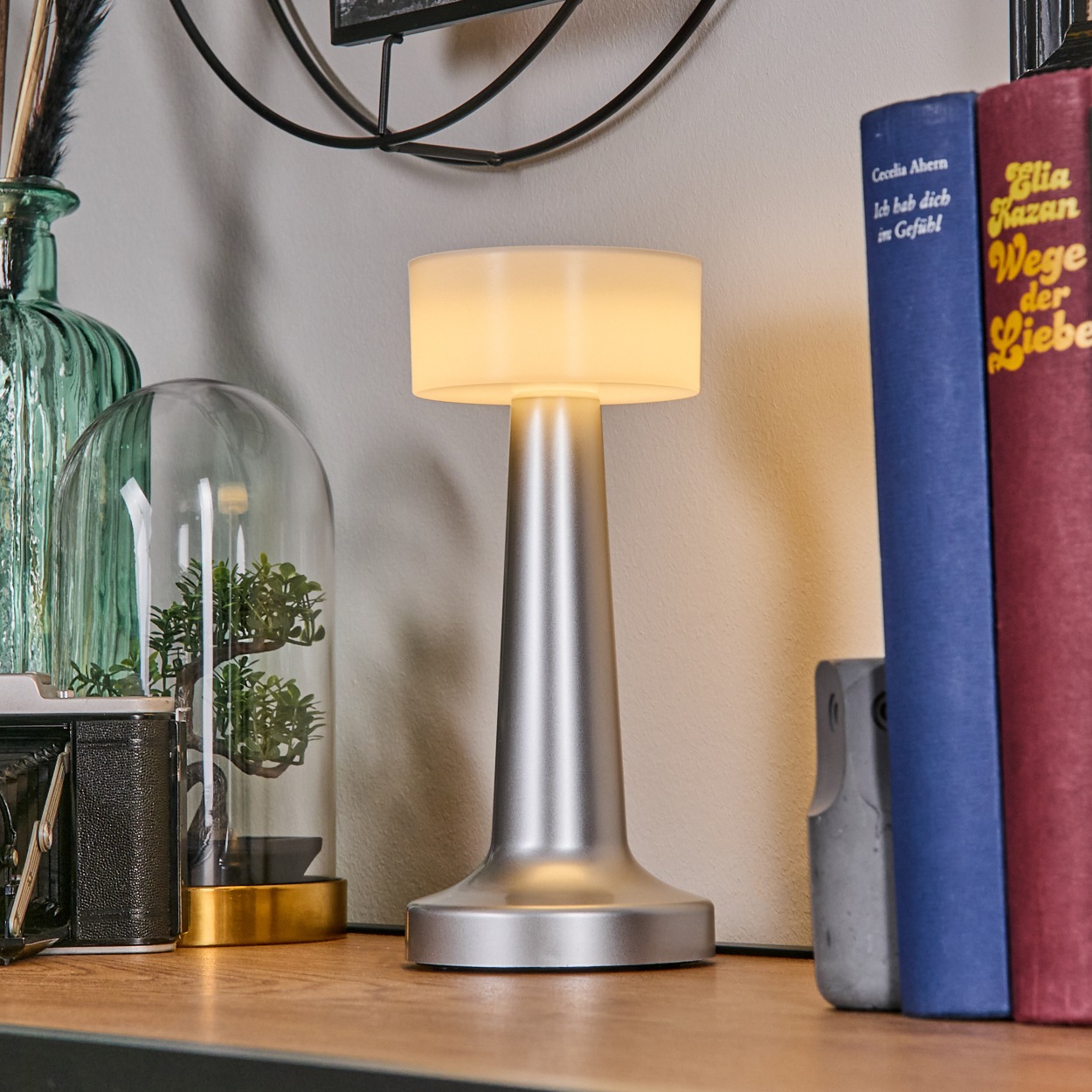 Eine silberne Lampe auf einem Holzregal, neben Büchern, einer Glaskuppel mit einer Pflanze, einer Kamera und einer grünen Vase.