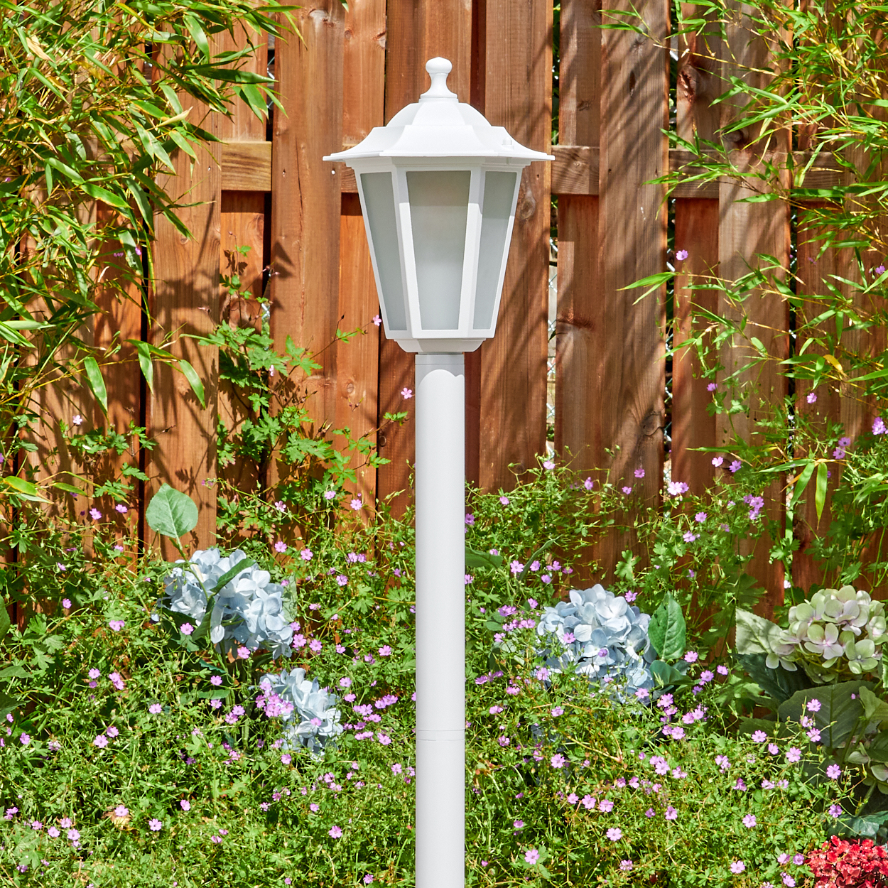 Eine weiße Laterne steht in einem Garten. Dahinter ein Holzzaun und grüne Pflanzen mit kleinen rosa Blüten und blauen Hortensien.