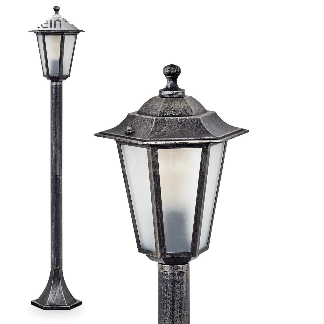 Zwei dekorative Straßenlaternen mit schwarzen Metallrahmen und Milchglasscheiben vor weißem Hintergrund.
