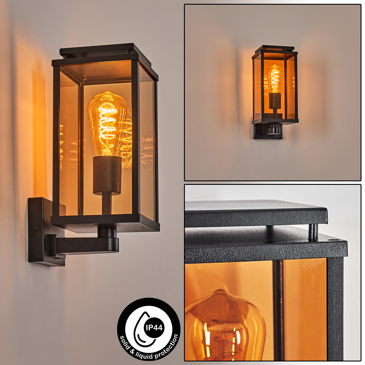 Schwarze Außenlampe mit warmem Leuchtmittel. Die Lampe hat ein rechteckiges Design mit bernsteinfarbenen Glasscheiben. IP44-Schutzsymbol vorhanden.