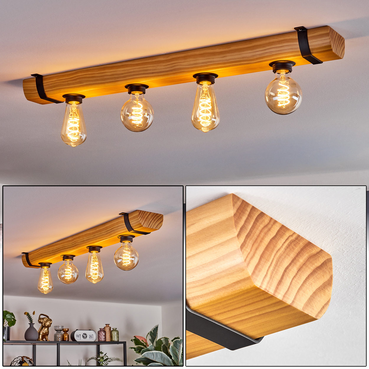Holzbalken-Deckenleuchte mit vier Edison-Glühbirnen. Schwarze Metallhalterungen halten sie an der Decke. Warmes Licht erhellt den Raum.