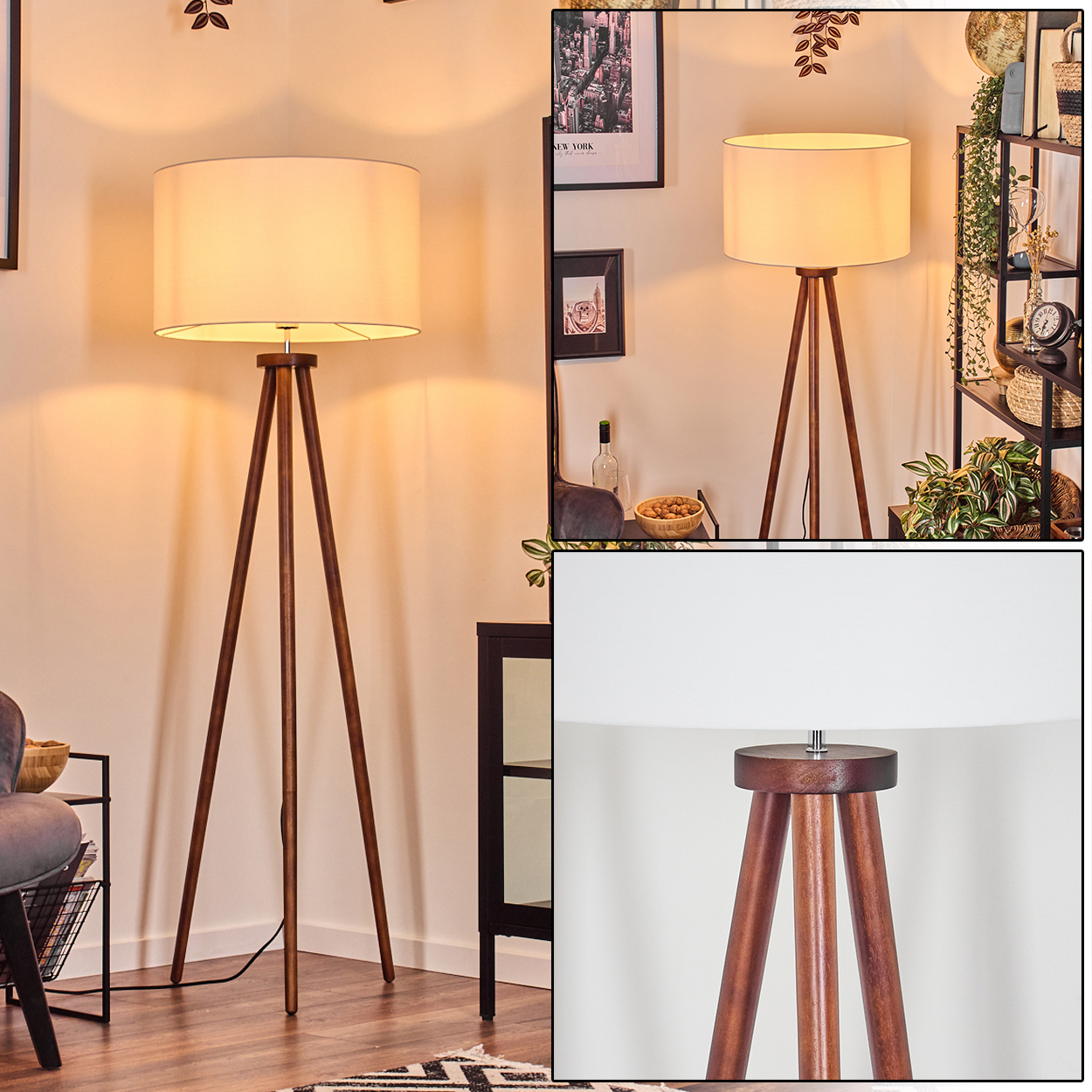 Eine Stehlampe aus Holz mit weißem Lampenschirm steht in einem Raum. Der Hintergrund umfasst Deko, einen Schrank und einen Teppich.
