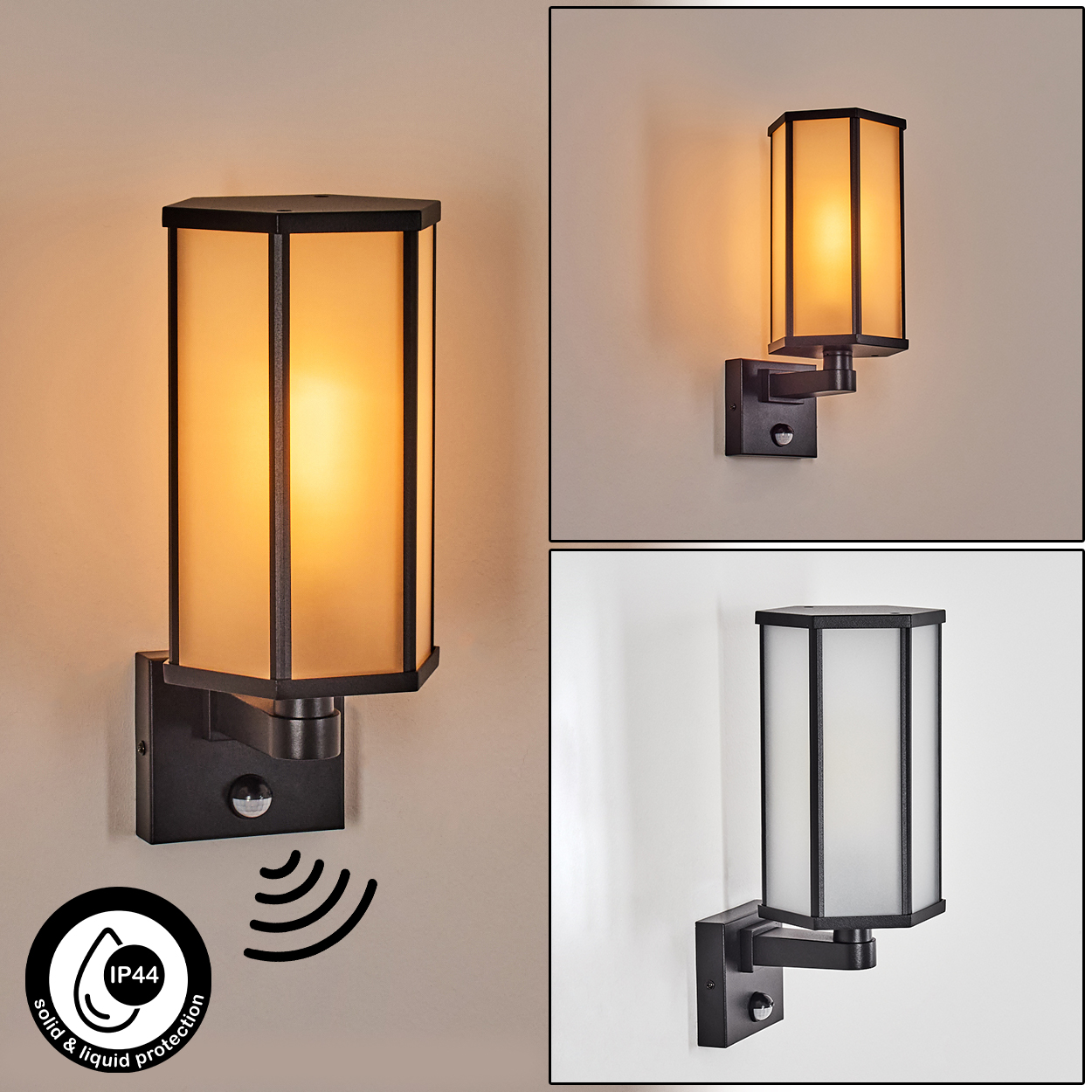 Eine schwarze Außenwandleuchte mit rechteckigem, mattiertem Glasschirm und Bewegungsmelder ist an einer beigen Wand montiert.