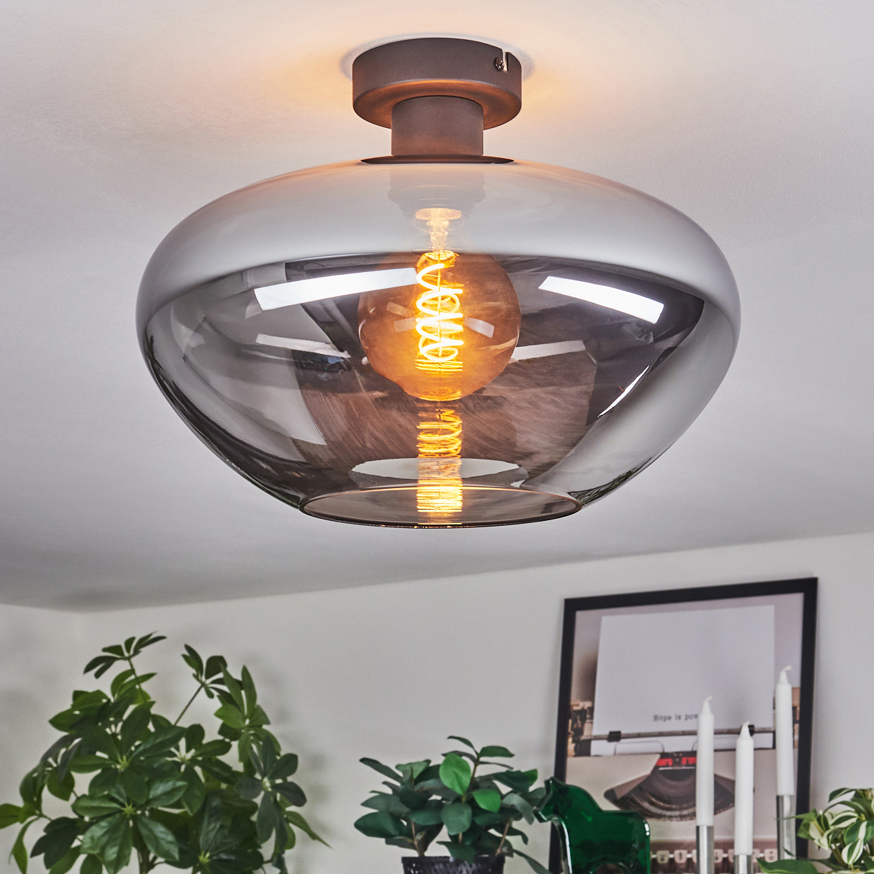 Eine moderne Deckenlampe mit rauchigem Glasschirm. Die Glühbirne leuchtet und das Licht reflektiert. Pflanzen und ein gerahmter Druck darunter.