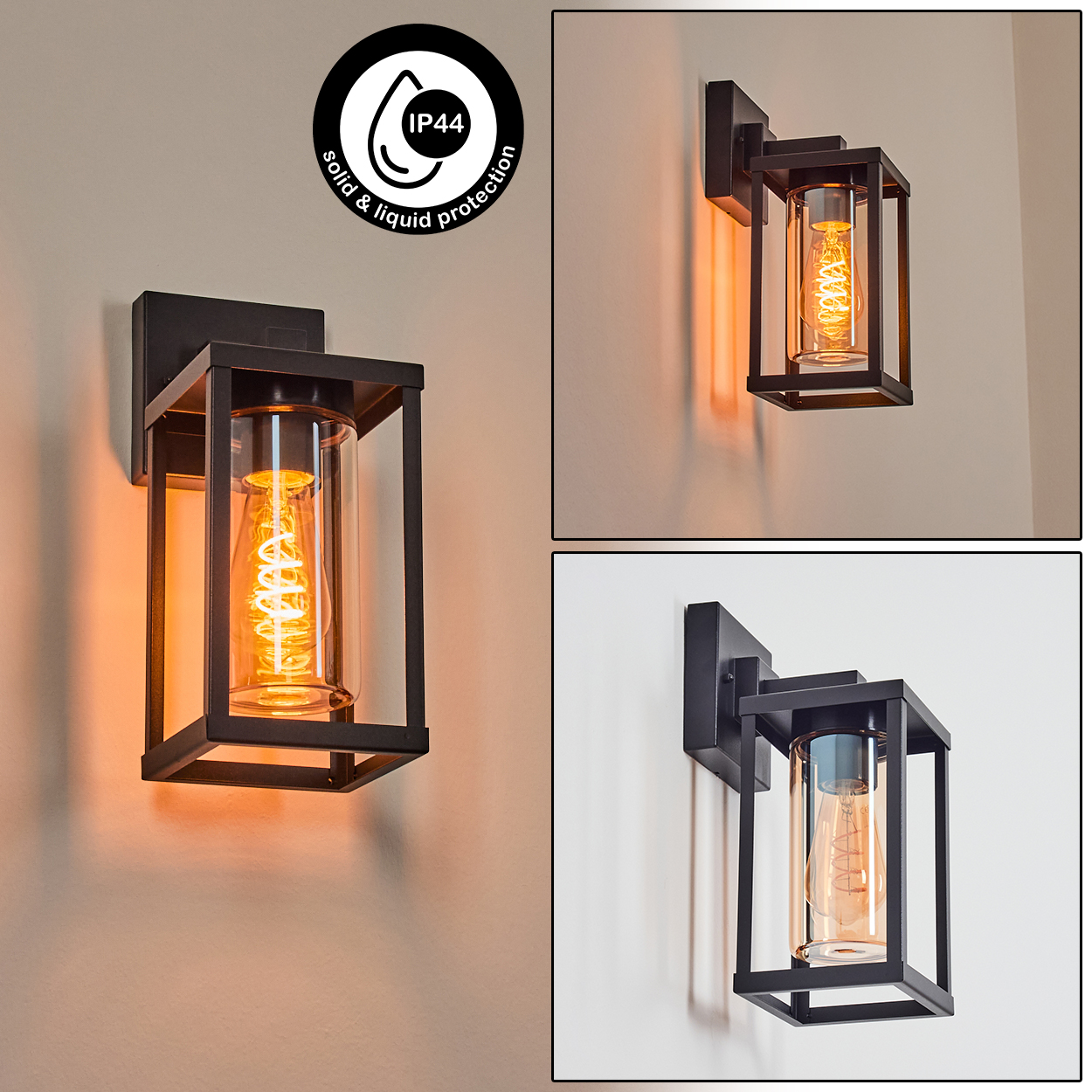 Schwarze Außenwandleuchte mit Edison-Glühbirne. Die Lampe hat die Schutzart IP44 für Festkörper und Flüssigkeiten.