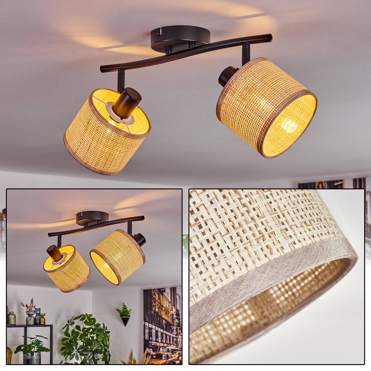 Deckenleuchte mit zwei Lampen. Lampen haben gewebte Schirme, braune Metallarme. Der Hintergrund ist eine weiße Decke.