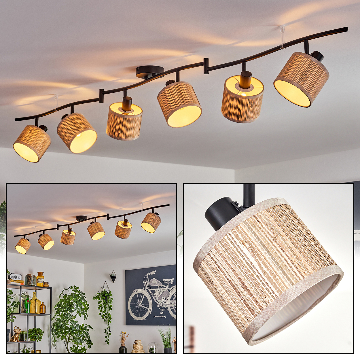Eine Deckenleuchte mit sechs Lampenschirmen. Jeder Lampenschirm ist zylindrisch und aus gewebtem Material gefertigt. Die Lampen sind eingeschaltet.